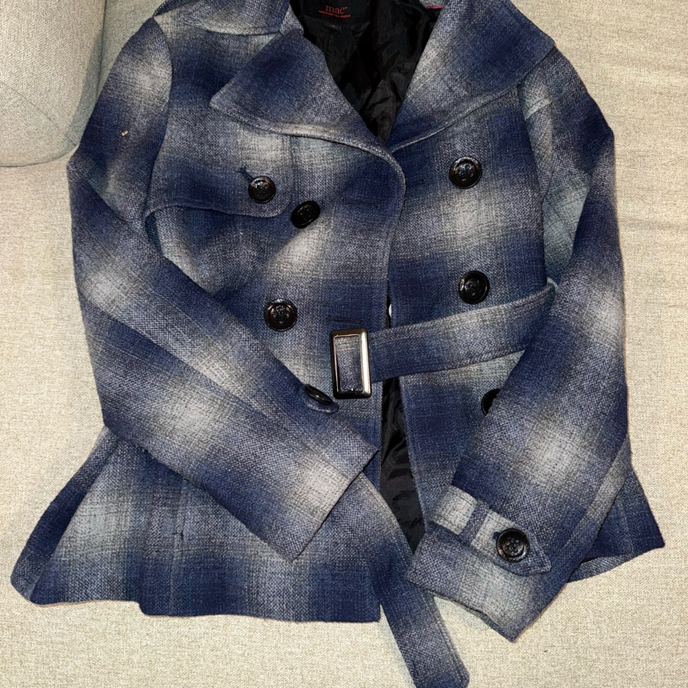 Elegant Navy Plaid Pea Coat